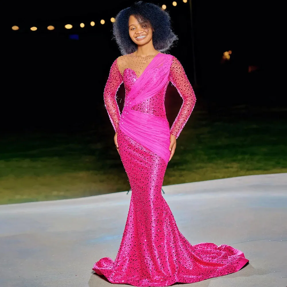 Fuchsia Mermaid Evening Dresses Beads Sheer Neck Long Sleeve Prom Gown 2024 Sequin with Pleat Womens Special Occasion Dress