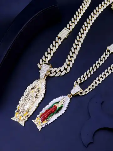 1 Piece Hip Hop Rock Punk Style 14K Gold Plated Virgin Mary Mother Pendant Necklace for Men and Women Cuban Chunky Chain