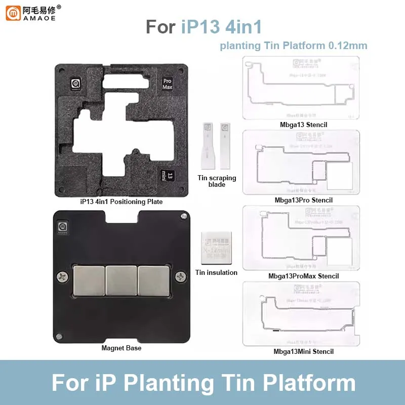 AMAOE BGA Reballing Stencil Template for X 11 12 13 14 15ProMax Positioning Plate Strong Magnetic Planting Tin Platform Set