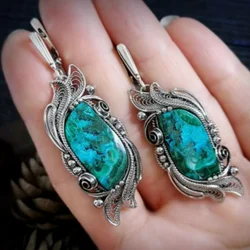 Hot Selling Women's Asymmetric blue Stone Vintage Jewelry Metal Handmade Pendant Earrings