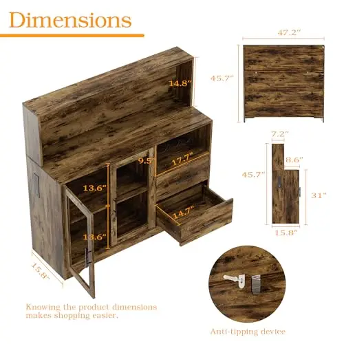 Home Bar Cabinet with Adjustable RGB LED Light, Wine & Coffee Storage with Rack & Drawers, Charging Station, Modern