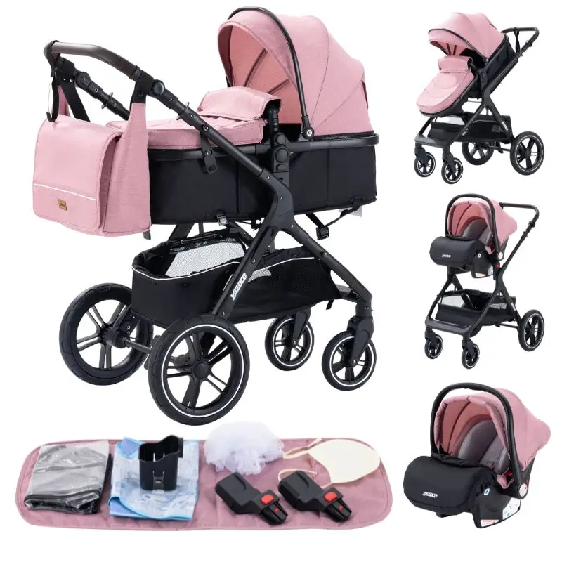 3-in-1 Babywandelwagen met autostoeltje en slaapmandje, lichtgewicht kinderwagen, multifunctionele babybuggy, compacte vouwwagen