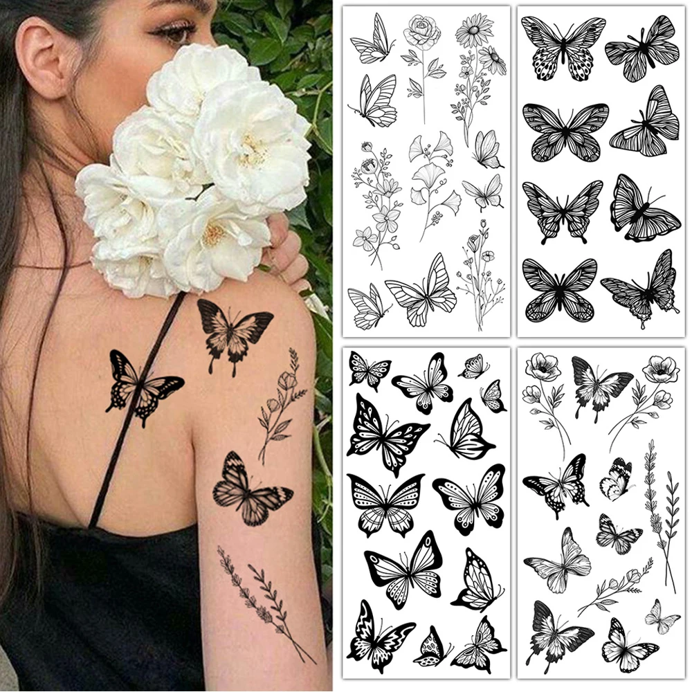 

1 Sheet Black Flower Butterfly Temporary Tattoos For Women Men Wild Plant Fake Tattoo Sticker Adults Face Hands Body Art Tatoo