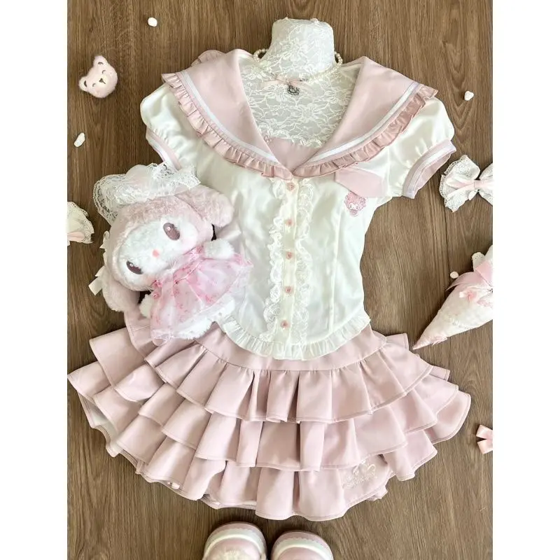 

Japanese Women's Cute And Adorable Lolita-style School Uniform Set Featuring A Ruffled Lace Blouse And A Mini Pleated Skirt