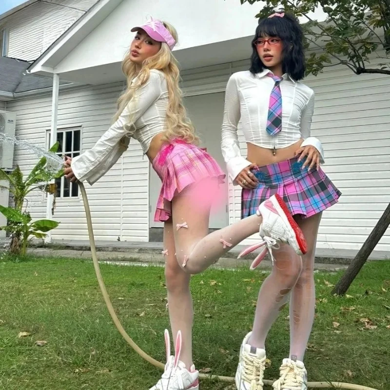 Gothic Millennium Hot Girl Y2K Pink Blue Embroidered Pleate Skirt Short American Trendy College Style Midi Skirt 2025 Hot Sale