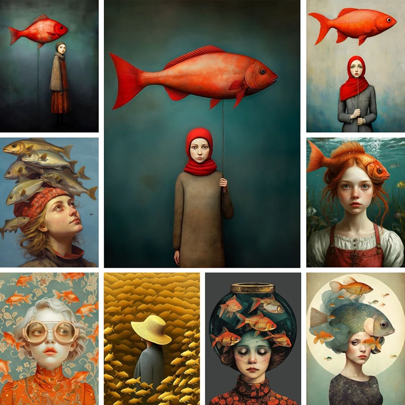 1pc Fashion Fish Canvas Art Print Poster Vintage Inspired Wall Decor with Red Fish & Woman in Red Headscarf Picture paintings