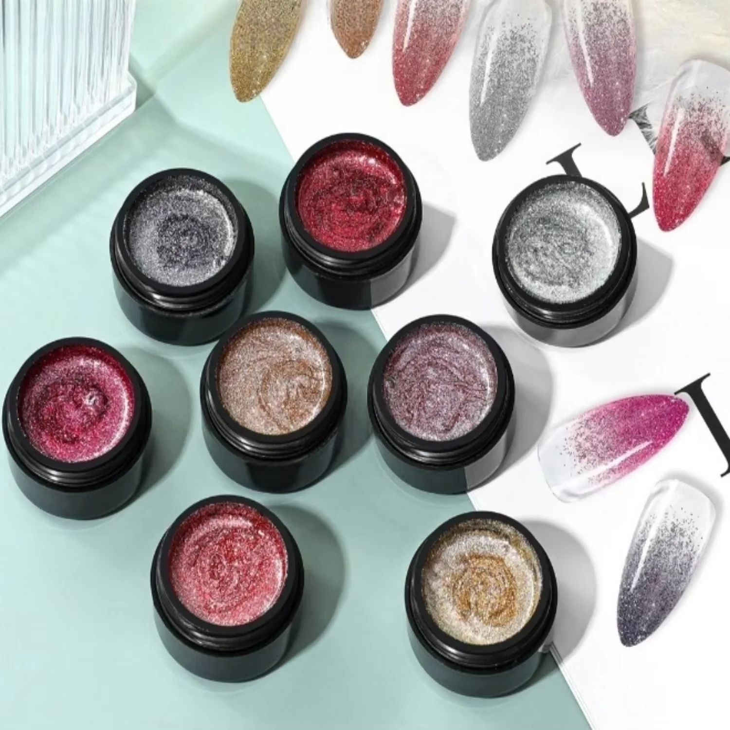 Vernis à ongles holographique à paillettes de 8 couleurs, ensemble de gel pour ongles de couleur française, adapté au bricolage à domicile et au salon professionnel