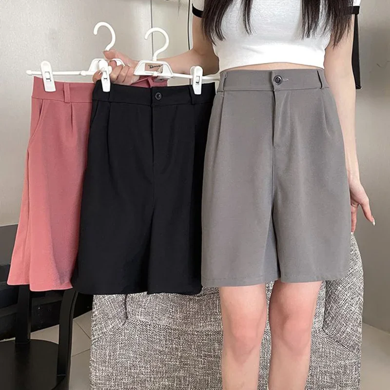 

Женский модный модный костюм, короткие брюки, женские классические однотонные широкие повседневные брюки для девочек, корейские базовые свободные шорты с высокой талией