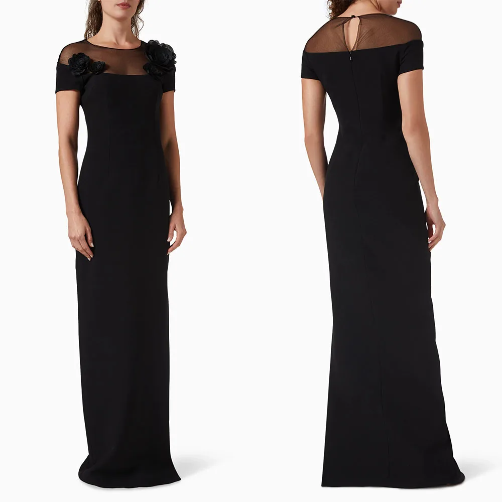 High Quality Customized O-neck Floor Length Short Sleeveless Appliques Black Long Dresses Vestidos De Fiesta Para Bodas فساتين
