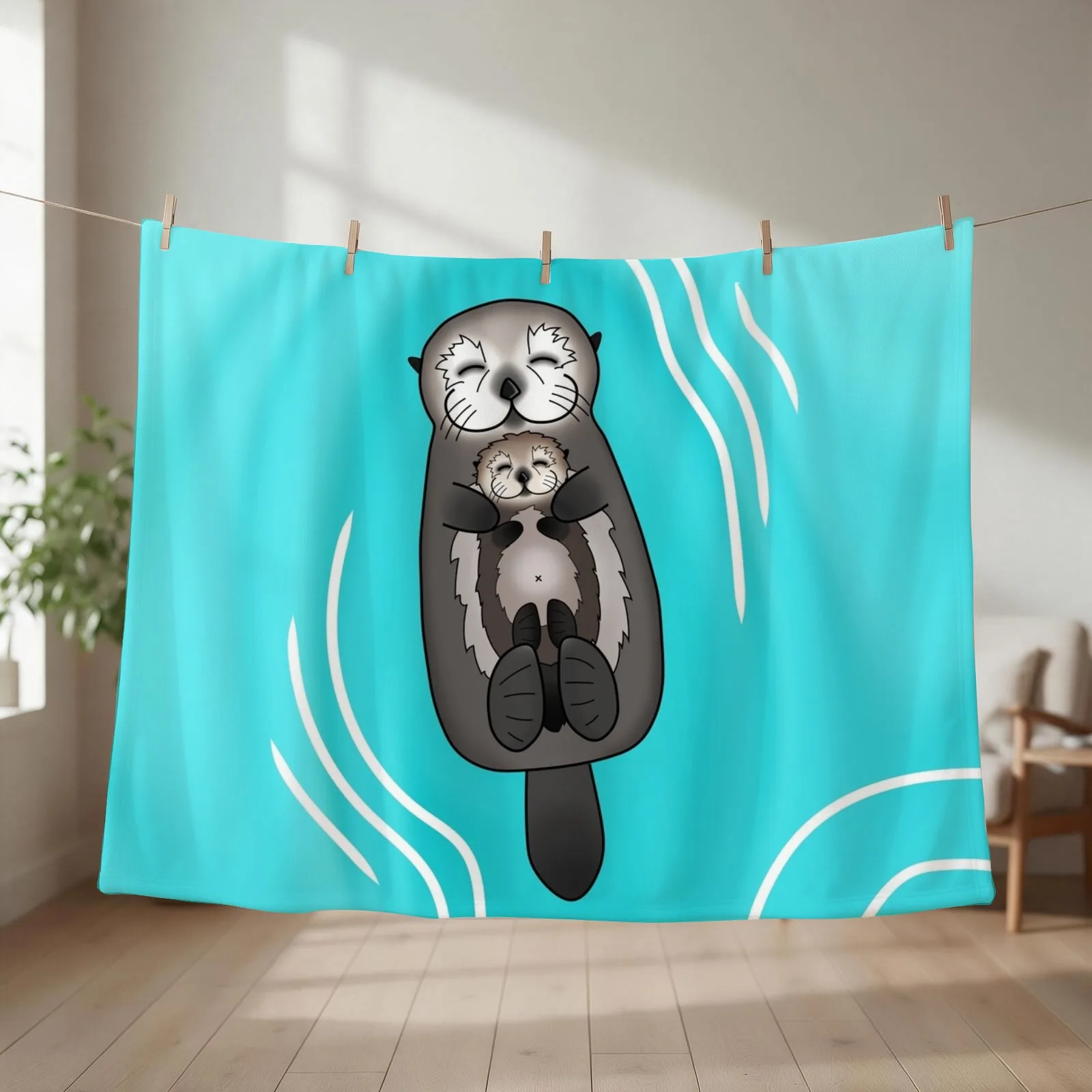 Mother and Pup Sea Otters - Mom Holding Baby Otter Throw Blanket Flannel Fabric Decorative Beds Custom Decorative Sofa Blankets