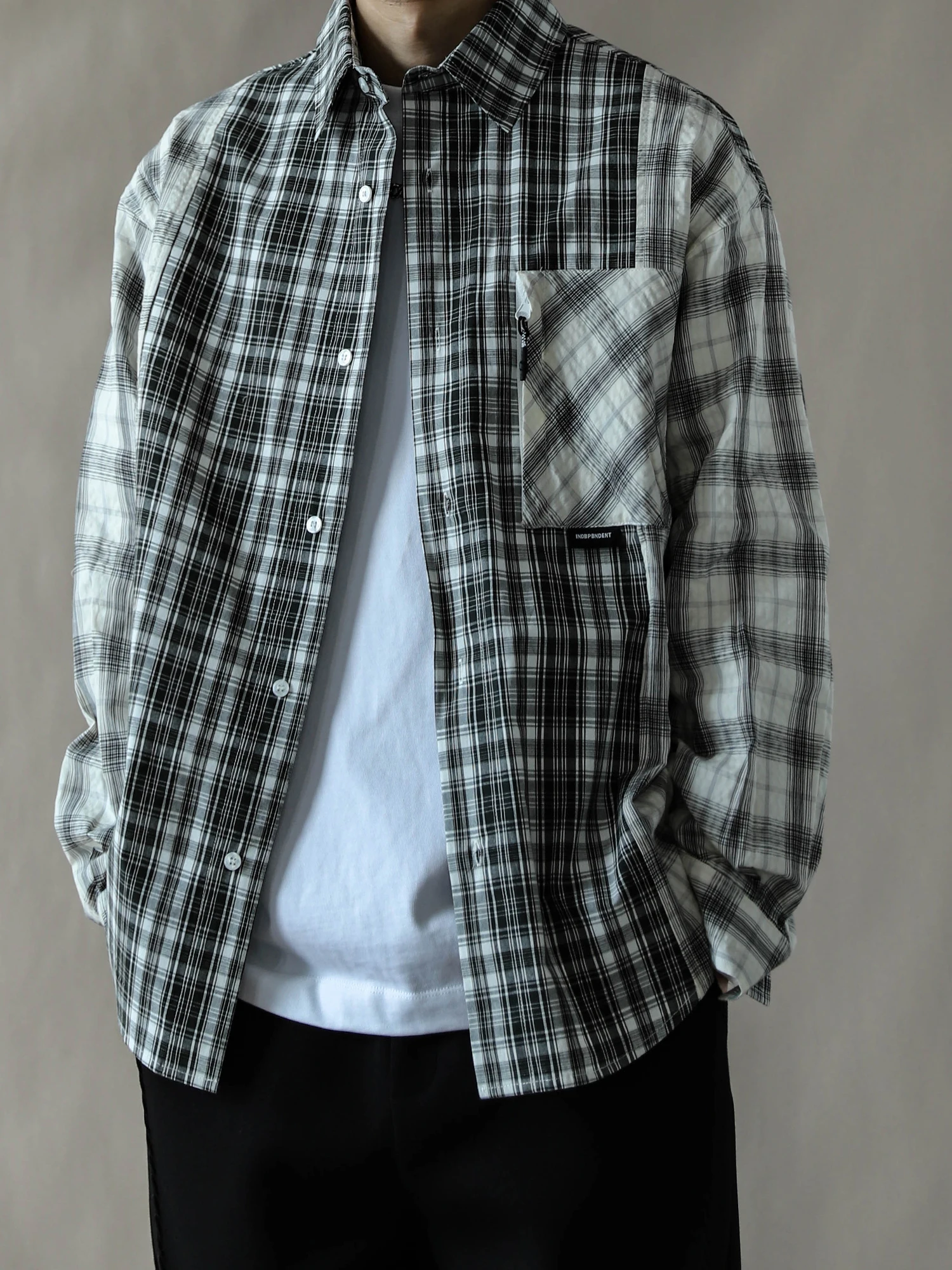 

Premium Plaid Splicing Cotton irt Men Loose Long Sve Turn-down Collar Outerwear Large Size Spring Autumn Bla id