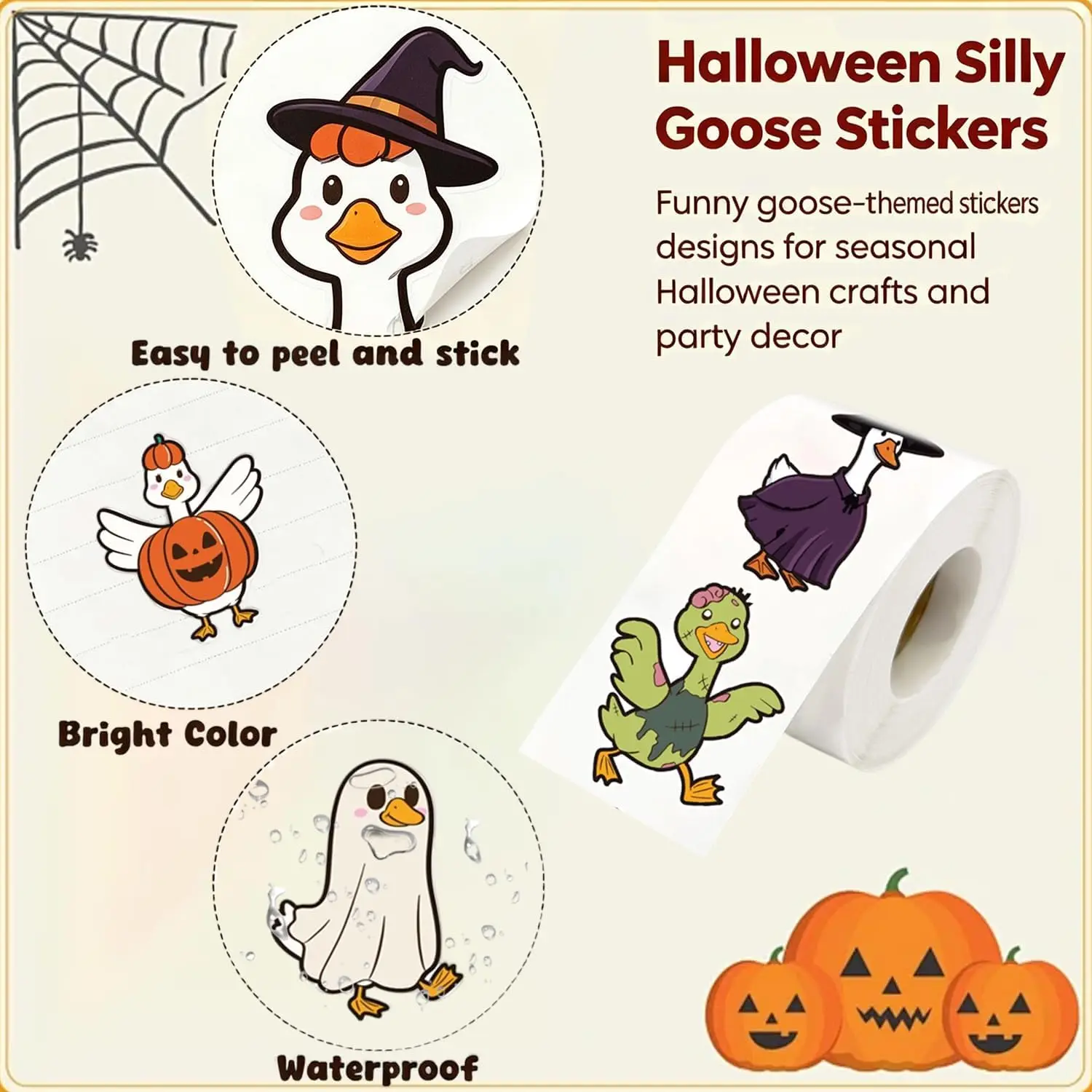 500Pcs Halloween Silly Goose Stickers Cute Cartoon Decals Sticker 1 Inch Decorative Reusable Self-Adhesive with 6 Different Desi