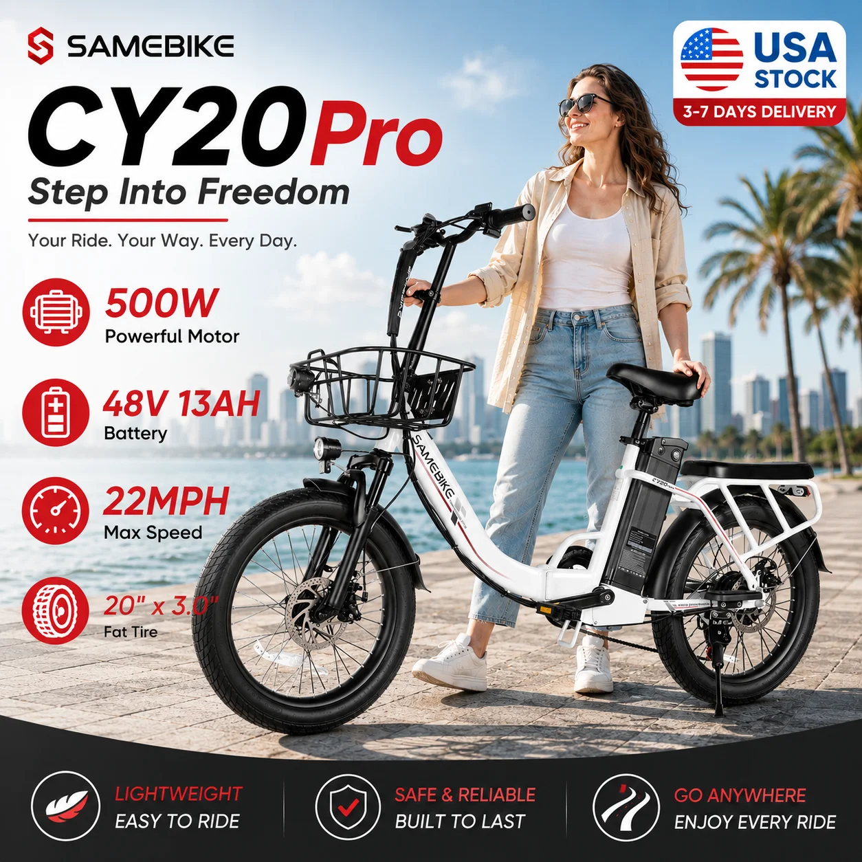 E Bike SAMEBIKE CY20Pro 500W Motor 48V13AH Removable Lithium Battery 22MPH Max Speed 20