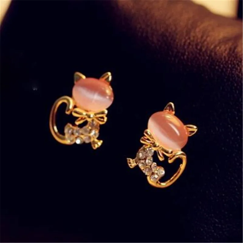 Cat Stud Earring Rhinestone Crystal Earring Cute Bowknow Animal Earrings Ear Stud For Women Jewelry  Girls Birthday Gifts