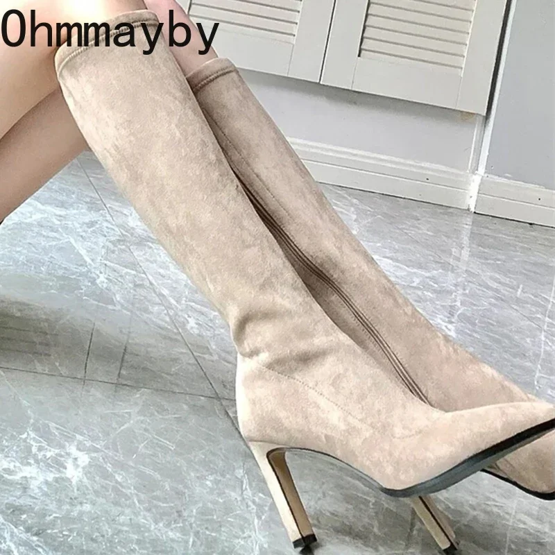 Szpiczaste Toe szpilki damskie rozciągliwe skarpetki buty moda eleganckie buty na imprezę taneczną jesienne damskie nowoczesne długie botki