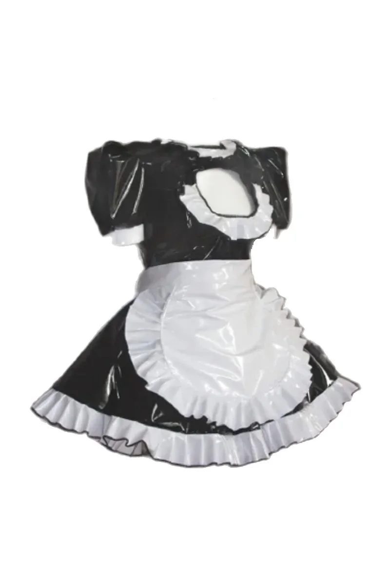 Neue Sexy Abschließbar Sissy PVC Maid Kleid mit Halb Schürze Schwarz Weiß Version Puffy Blase Hülse Stehen-allein Schürze anpassbare