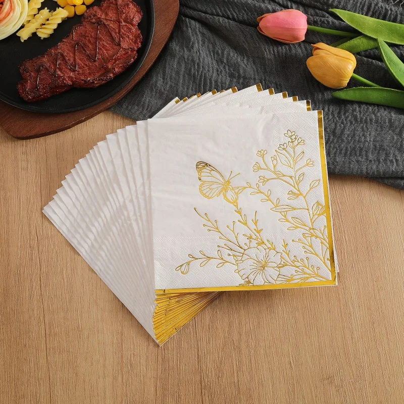 Luxury Gold Foil Napkins 33cm 2-Ply Soft & Thick, Elegant Floral Butterfly Dinner Napkins for Wedding Party Decor 20pcs