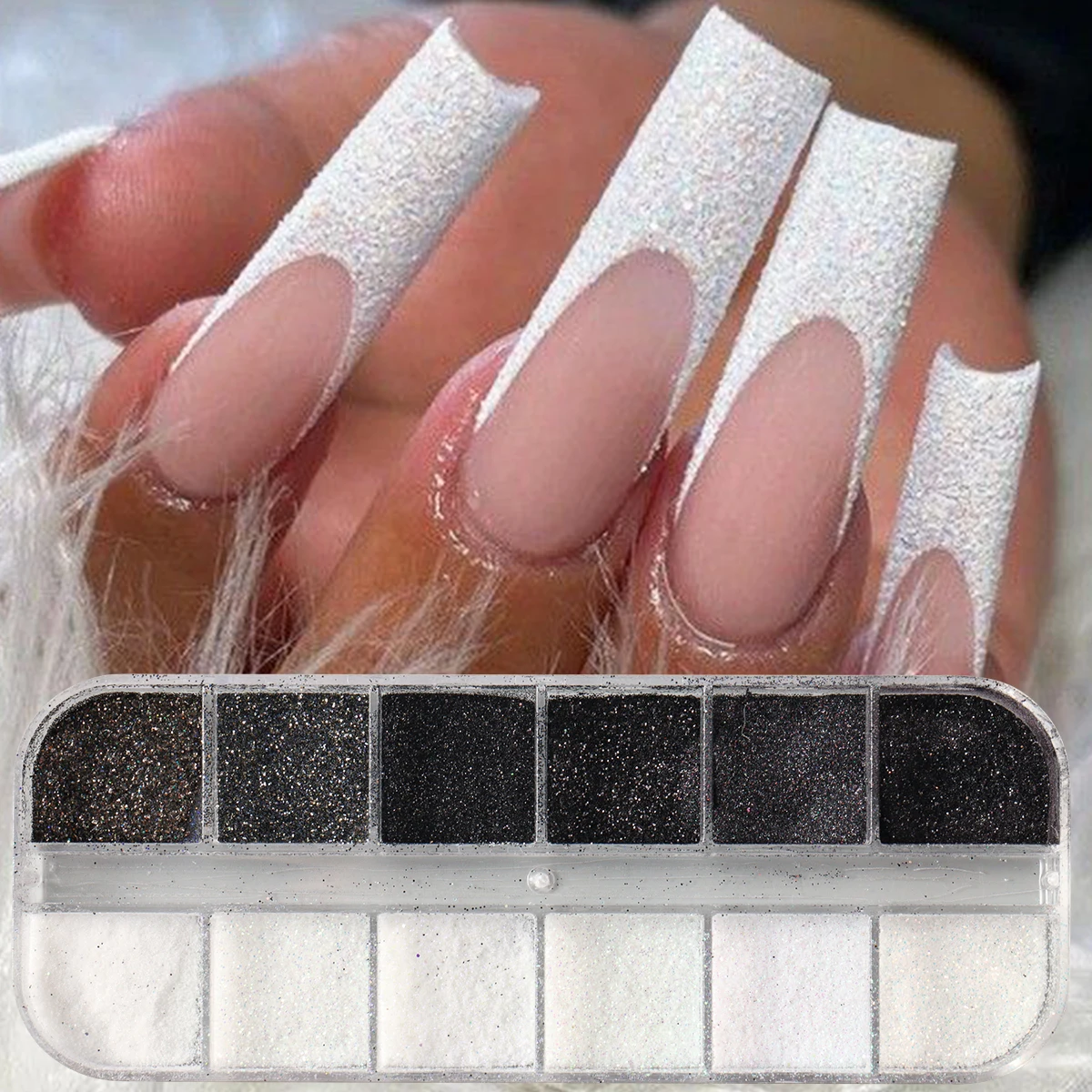 12 شبكة لامعة بيضاء سوداء السكر مسحوق بريق الأظافر تألق السكر الغبار الصباغ لتزيين الأظافر رقائق السكر الكروم
