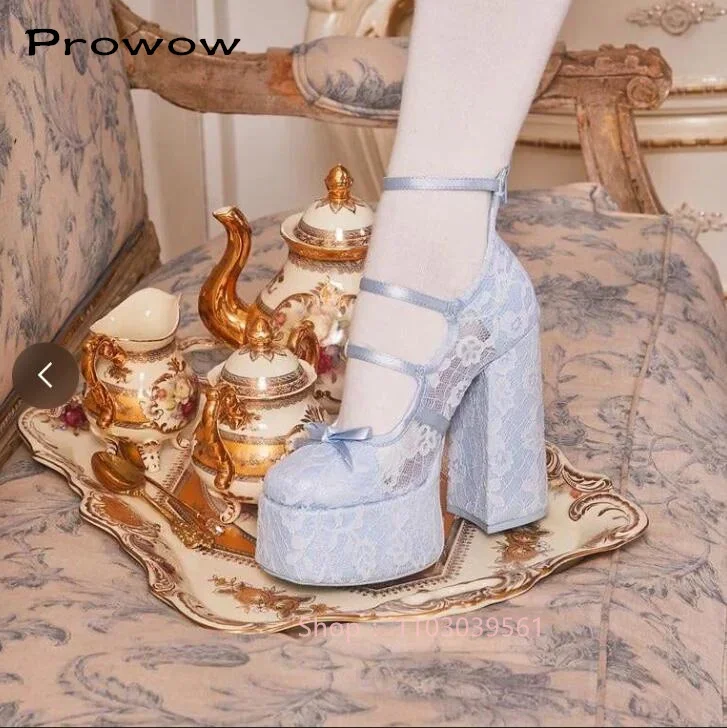 

Сексуальные светло-голубые кружевные женские туфли-лодочки на массивном каблуке, модные женские туфли на платформе с пряжкой и ремешком, пикантные женские туфли на высоком каблуке большого размера для вечеринок