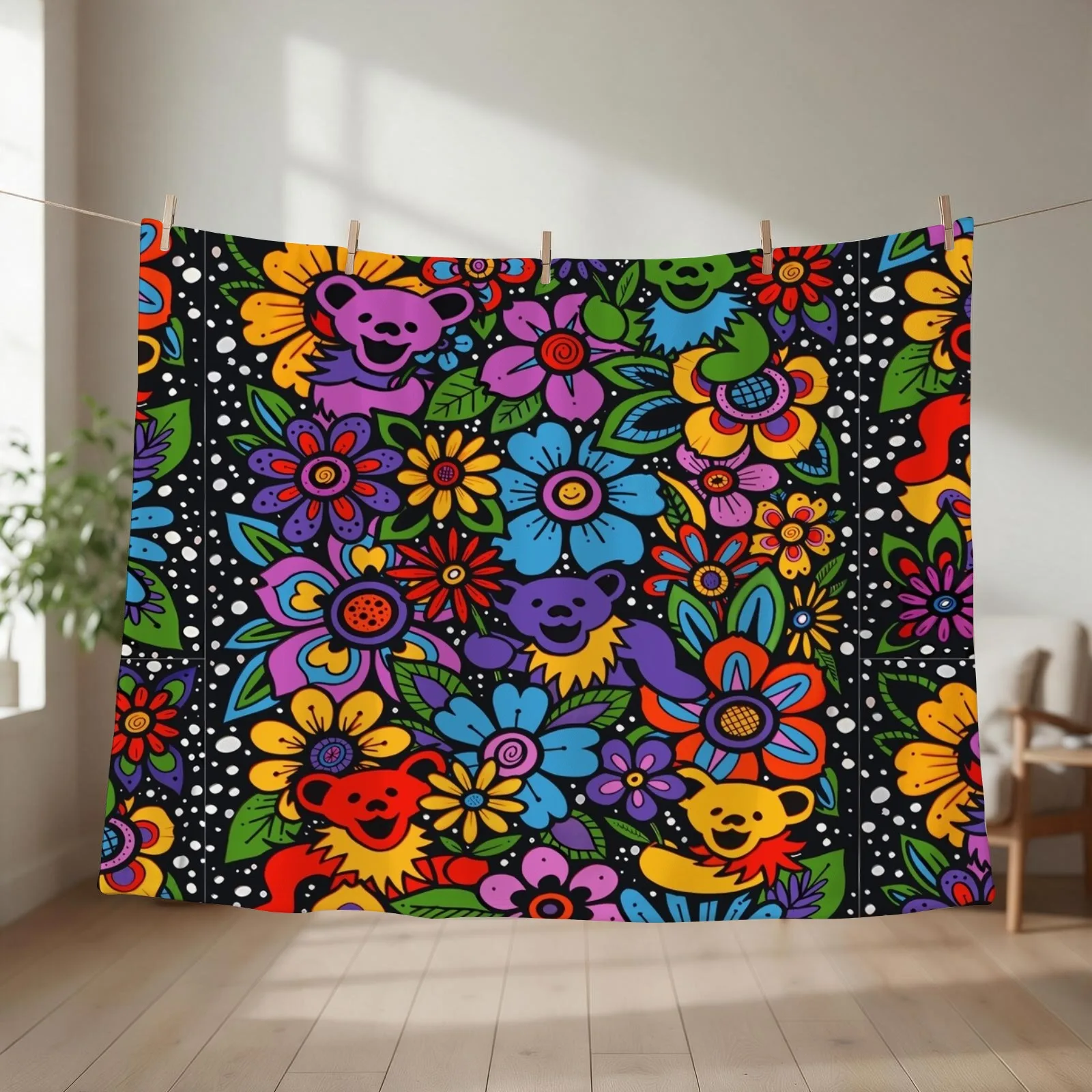 Psychedelic Flowers & Dancing Bears Coloured Grateful Rainbow Colours Throw Blanket