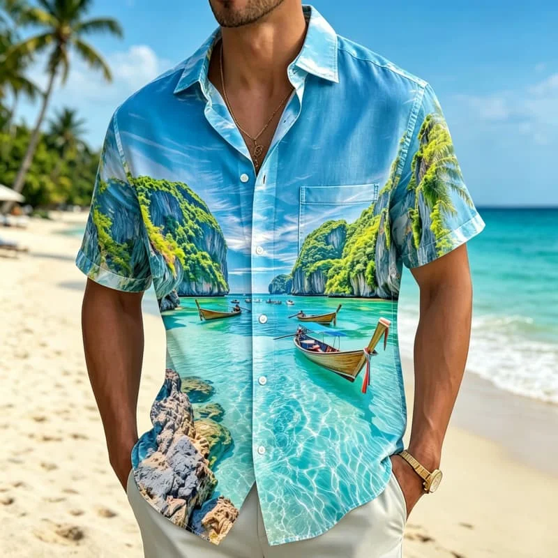 Men's tropical coastal landscape printed  short sleeved shirt with pockets, fresh summer outfit, for beach vacation