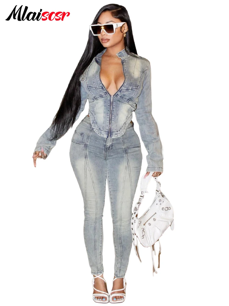 Mlaiscsr New Slim Zip Jackets and Jeans Pant Sets for Women 2 Piece Clothing Sexy Stretch Denim Matching Outfit Y2k Streetwear