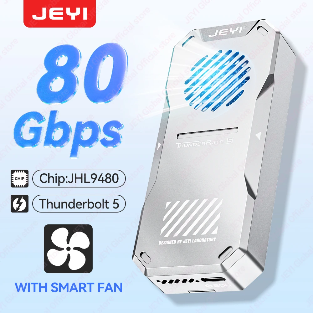 

JEYI Thunderbolt 5 M.2 2280 NVMe SSD Enclosure-JHL9480 Chip 80Gb/s Bidirectional Built-in Smart Fan Aluminum Heatsink 8TB Max
