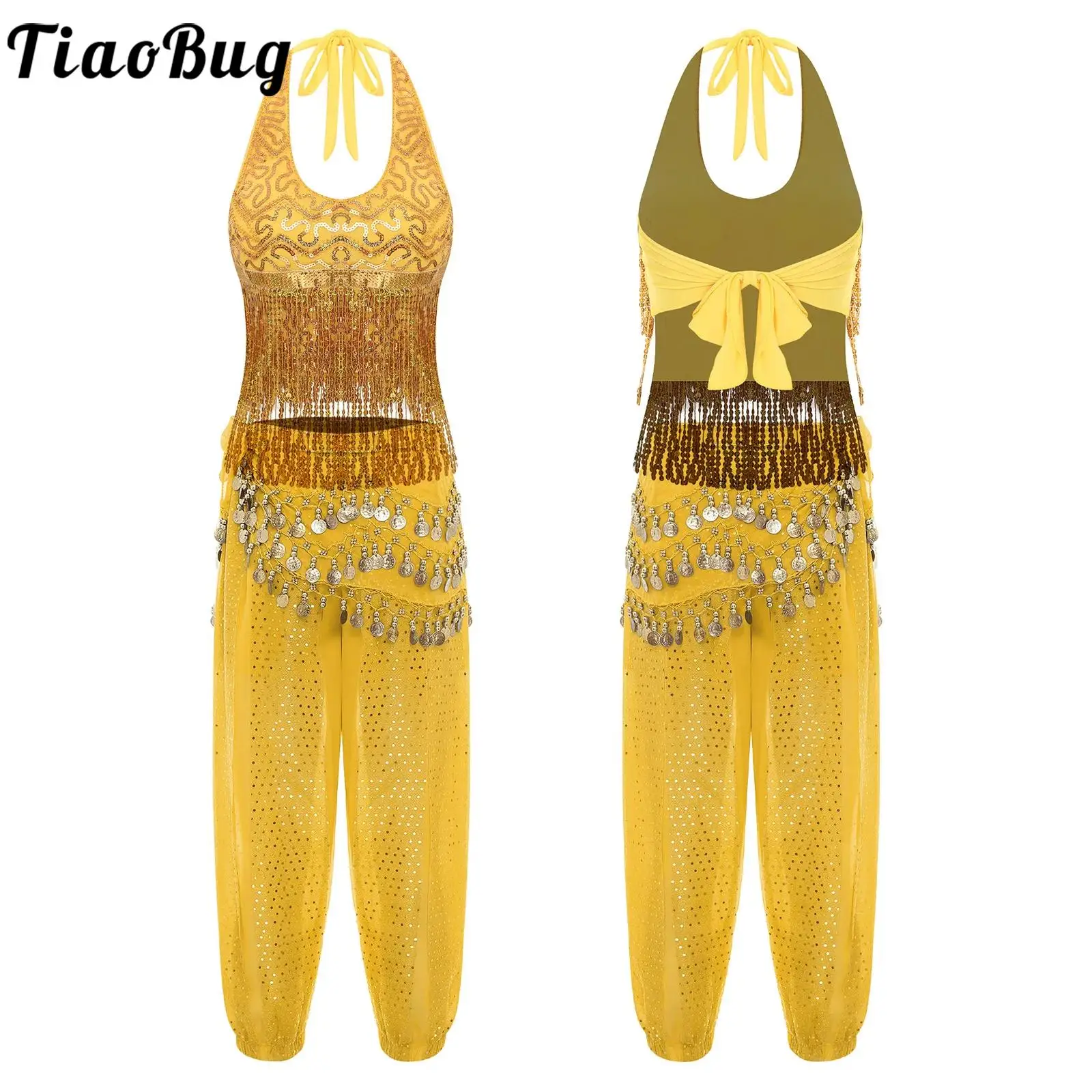 

Women Glittery Belly Dance Performance Halter Top And Bloomers Long Pants with Hip Scarf Set for Training Stage Dance Costumes