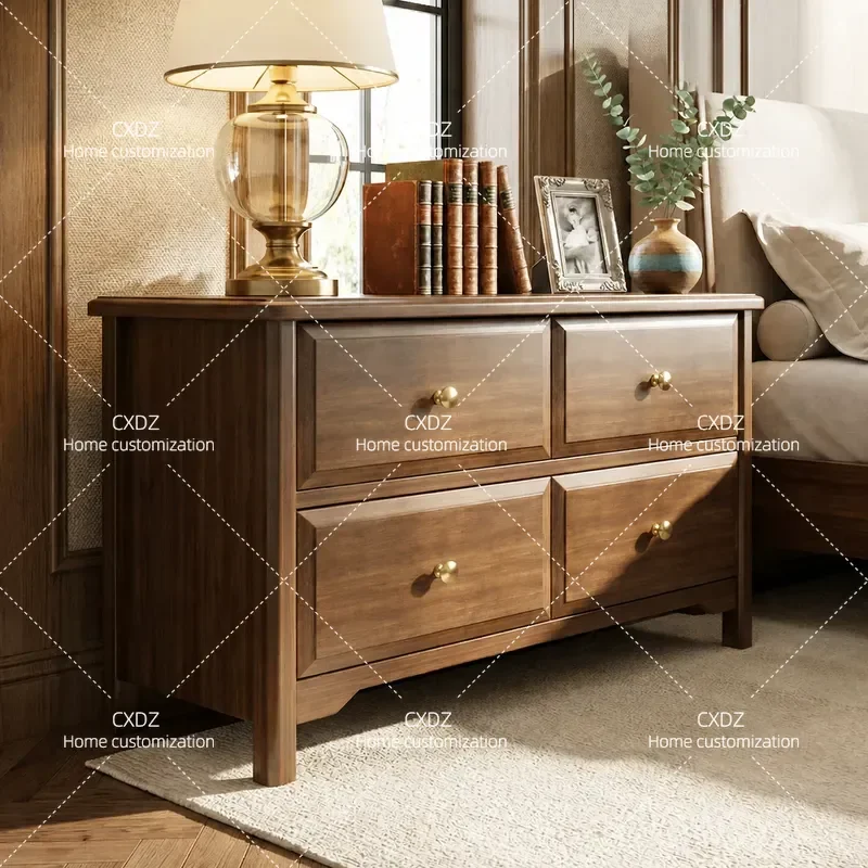 Solid Wood Large Bedside Table 60cm 70cm 80cm Enlarged Nightstand Retro Style Bedroom Storage Locker Cabinet Furniture
