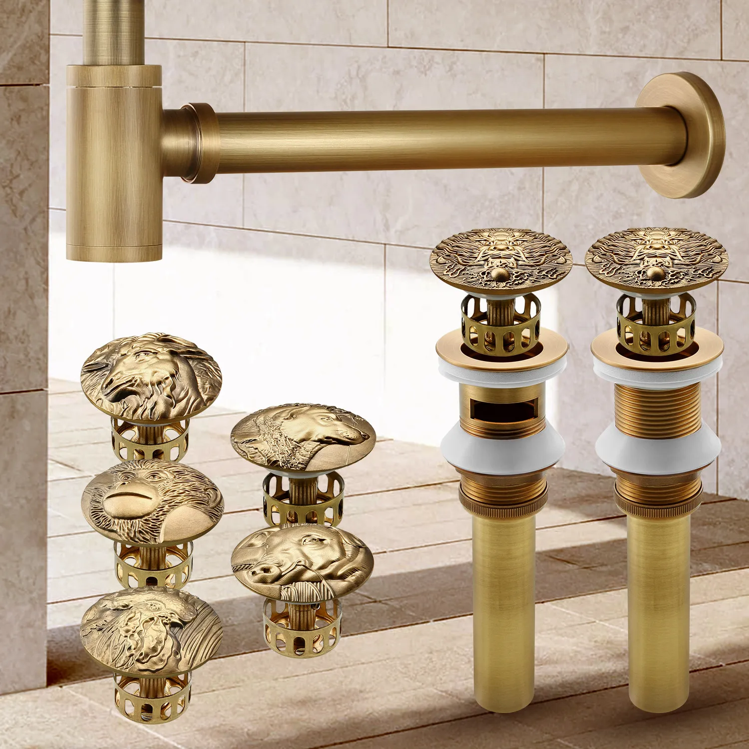 Basin Sink Pop Up Drain with the Twelve Chinese Zodiac Signs Carving Antique Brass Bathroom Retro Washbasin Accessories