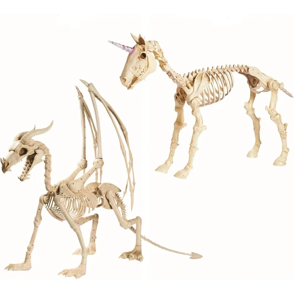 

Unicorn and Dragon Skeleton Set, 2 Pieces, 1 Dragon, 49 Inches Tall, 1 Unicorn, 43 Inches Tall, Great for Halloween Porch