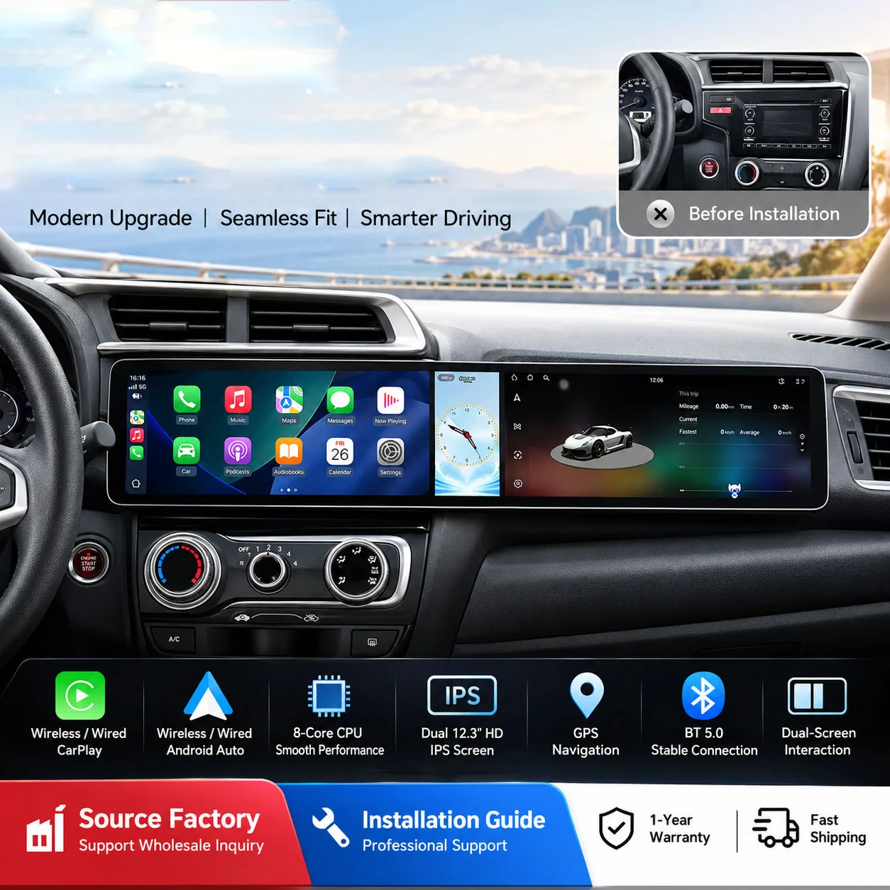 Lizpofly Dual 12.3 Inch Triple Screen Car Radio For Volkswagen VW Caddy 2019-2024 CarPlay Android Auto GPS Navigation BT5.0 DSP