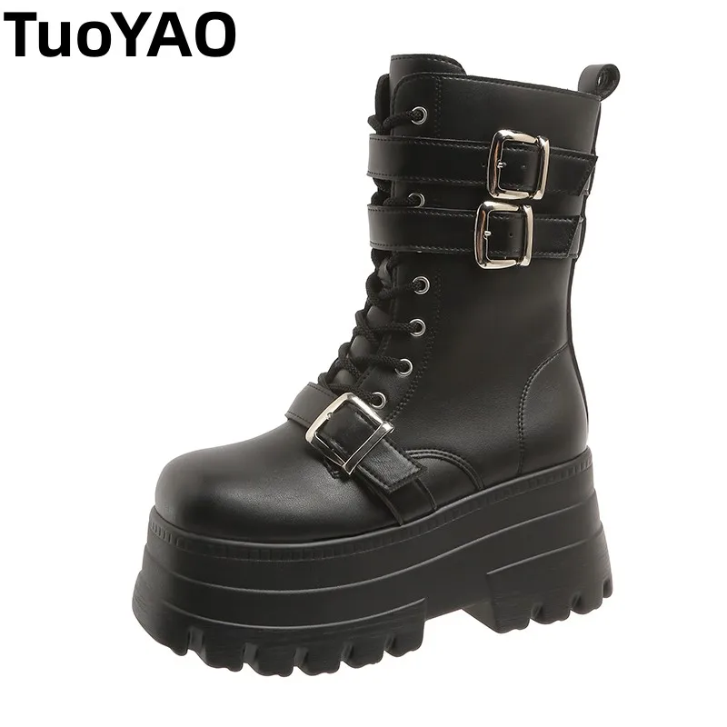 

2025 Autumn Winter Women High Platform Motorcycle Boots 9.5CM Wedge Heels Leather Chunky Shoes Woman Thick Sole Short Punk Boots