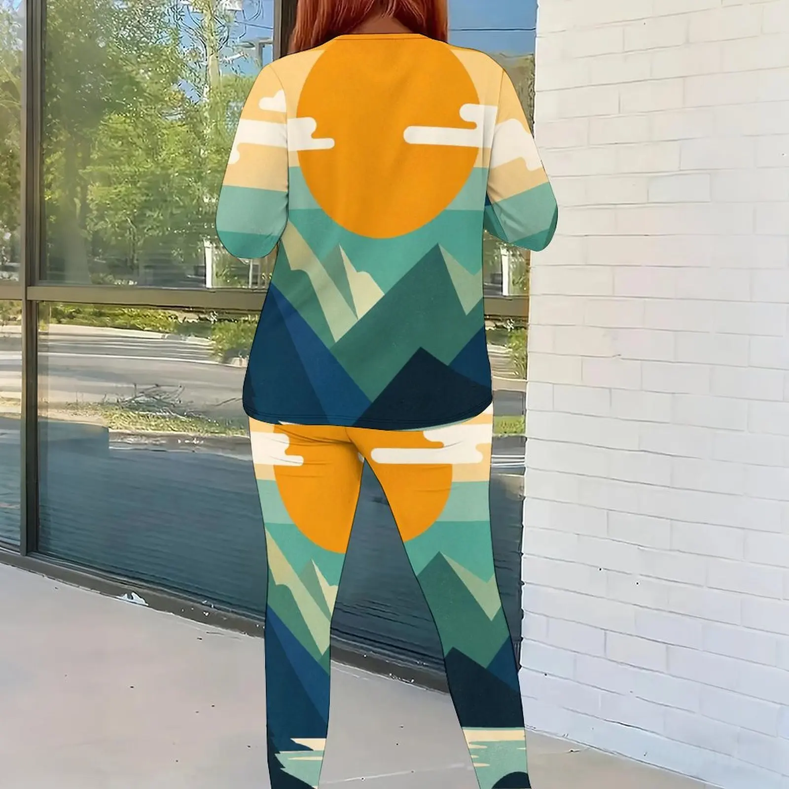 Women White Cartoon Avocado Printed Round Neck Long Sleeve Top and Fitted Pants Two Piece Set