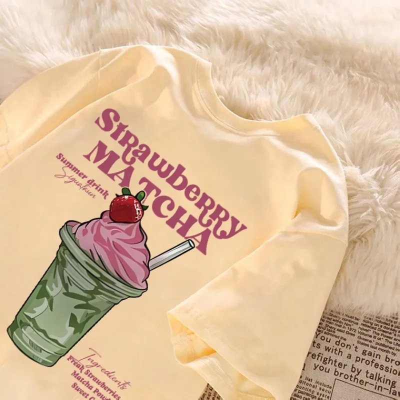 Summer Fashion Sweet Style Strawberry Matcha Ice Cream Printed T-shirt for WomenShort Sleeved Top Casual Round Neck Tee
