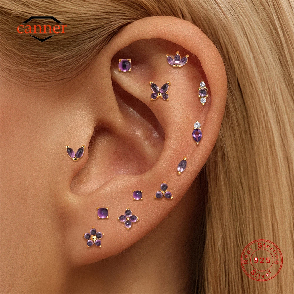 CANNER 1PC 925 Sterling Silver 2/3/4mm Butterfly Flower Natural Amethyst Flat Head Thread Puncture Earring For Women INS Earring