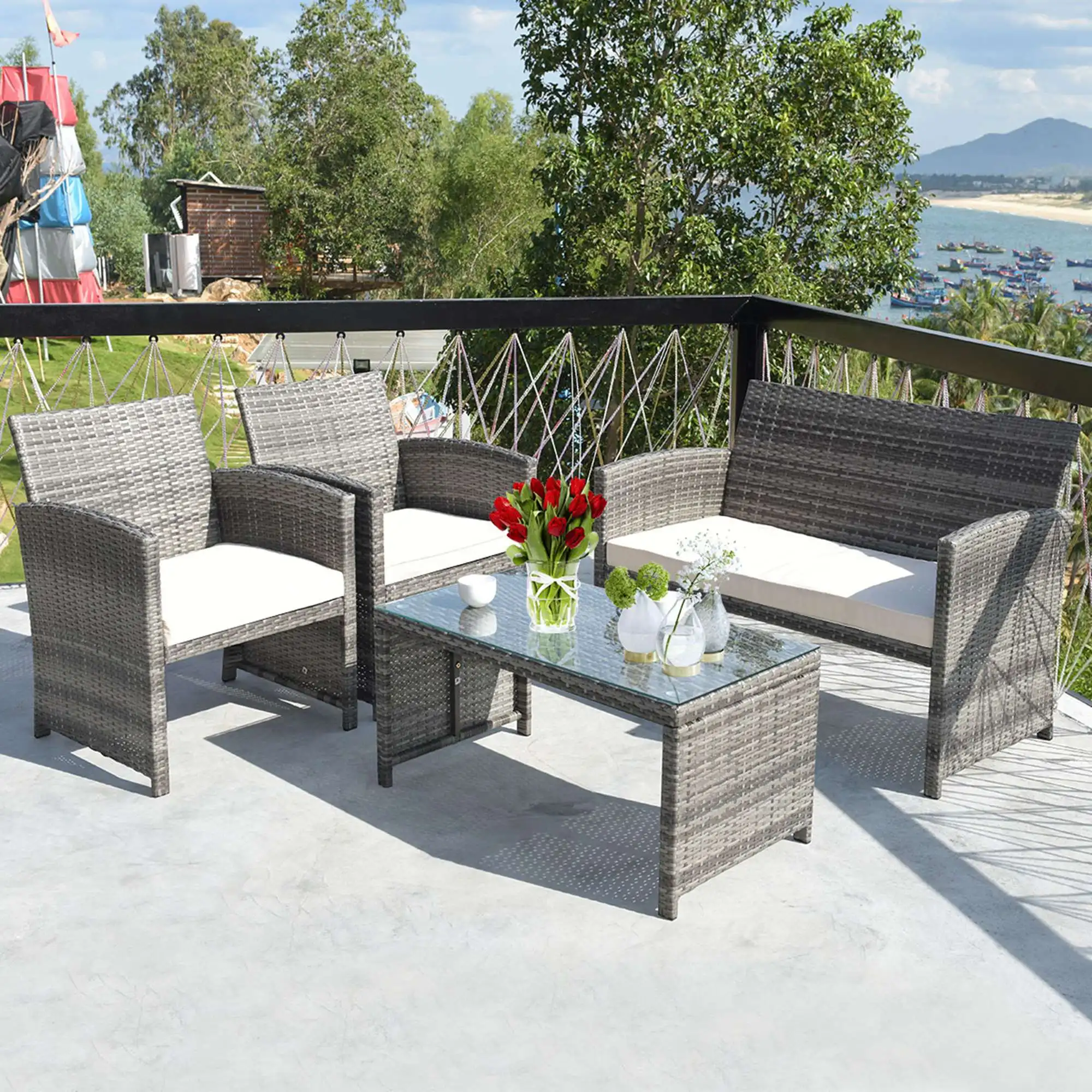 4PCS Patio Rattan Furniture Set Conversation Glass Table Top Cushioned Sofa