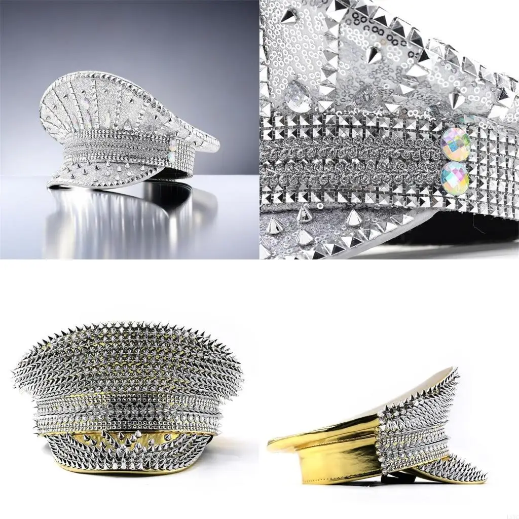 

L5YC Rhinestones Marine Top Hat Rivet Studded Big Brims Hat for Youth Adult Theme Party Wear Music Festival Photoshoots Props