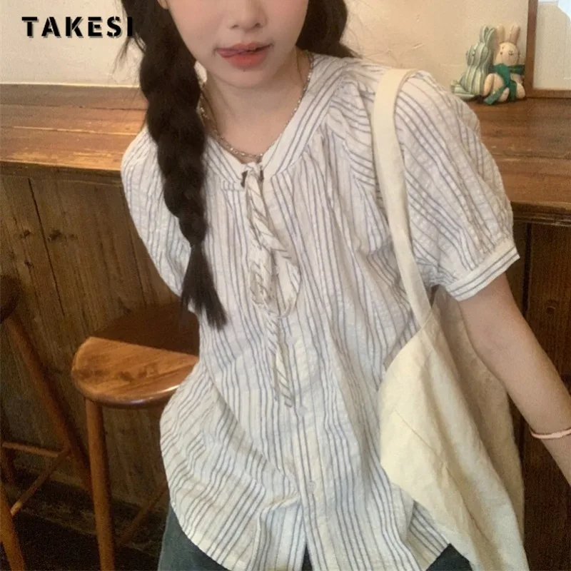 

2024 Summer Elegant Sweet V-neck Lace-up Puff Sleeve Shirt Women's Causal Striped Printting Thin Blouses Chiffon Tees Top