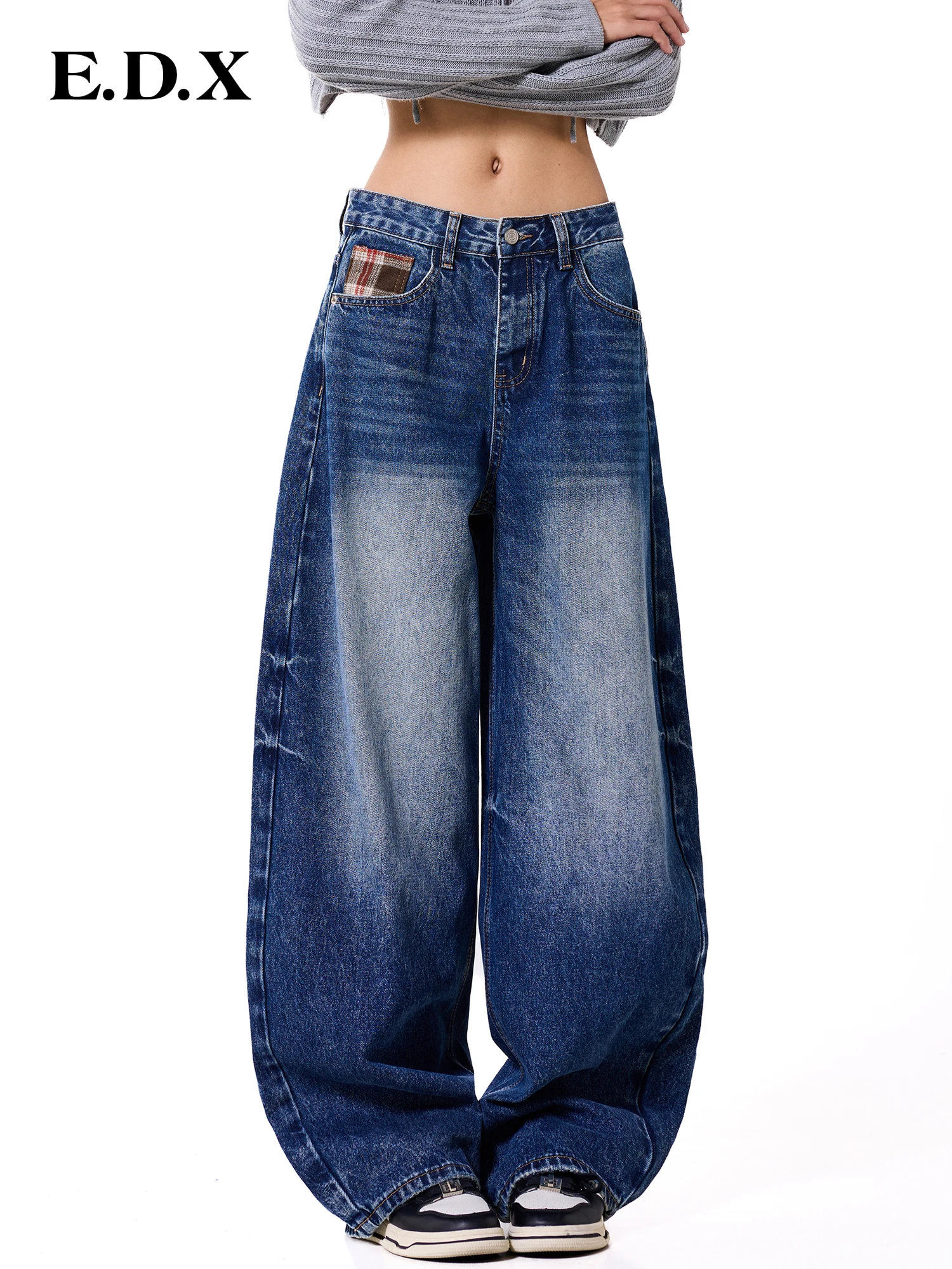 Women's Wide Leg Denim Jeans EDX Design Spring Autumn Loose Fit Washed Patchwork Knife  Vintage Plaid Casual Trousers