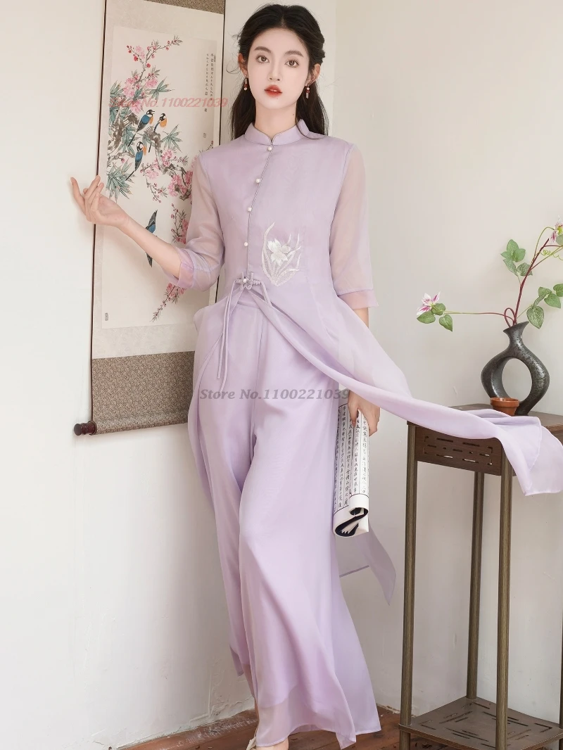 2025 فيتنام فستان عتيق مطرز بالزهور الوطنية فستان تشيباو الشيفون + فستان أطفال مع سروال داخلي ريترو أوداي أنيق فستان مأدبة شرقية