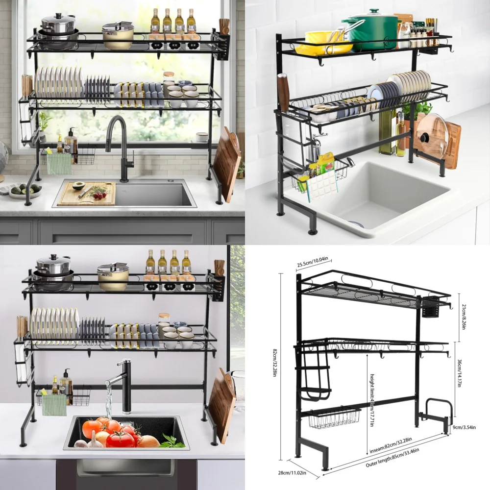 

2 Tier Over Sink Dish Drying Rack with Cutlery Drainer Kitchen Storage Organizer for Cups Plates and Utensils Space Saving