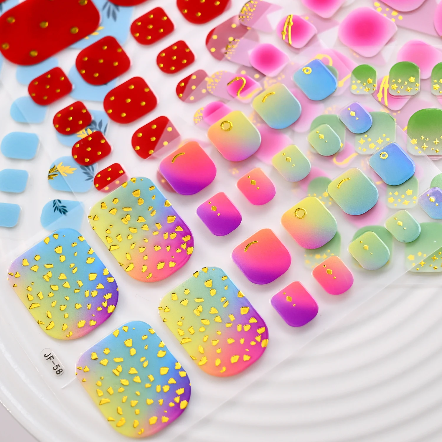 22Tips Tomato Red Golden Polka Dots Toenail Stickers Pink Green Gold Foil Stars Leaves Toenail Wraps Full Cover Neon Gel Sticker