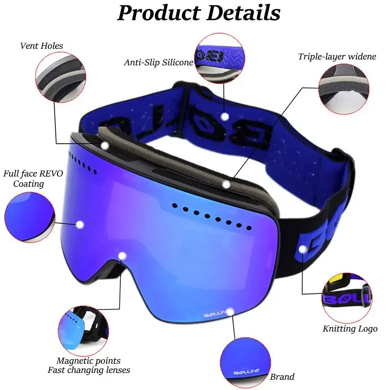 Ski Goggles with Magnetic Double Layer Polarized Lens, Anti-Fog, UV400, Snowboard Goggles, Eyewear Case, Men and Women