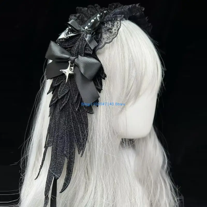 

P88B Anime Maid Bowknot Headwrap Angel Wing Lace Headband For Halloween Party Cosplay Costume Hair Accessory For Night Event