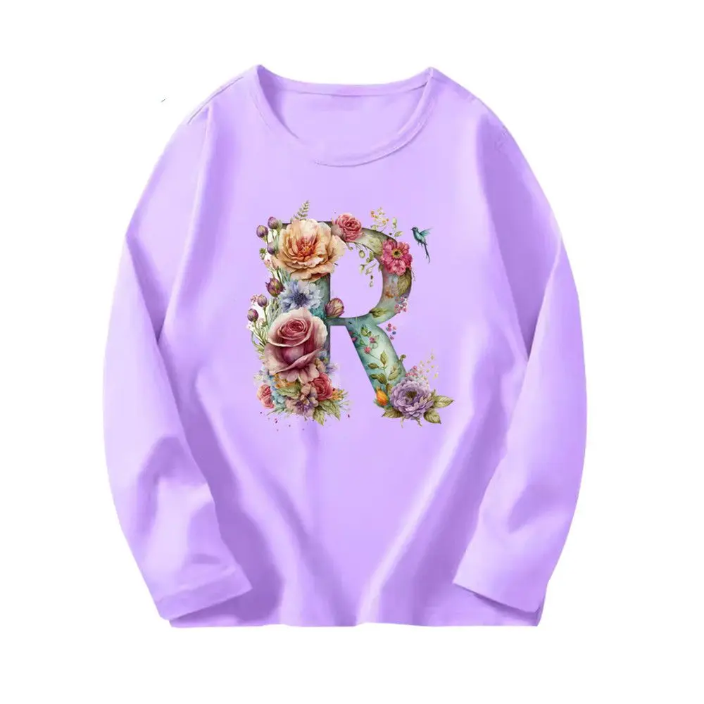 26 English Letters Flower Name ABC Cartoon Printed T-shirt Round Collar Girls Children Purple Long Sleeve T-shirt Top