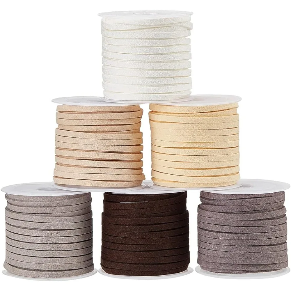 6 Rolls 5.5 Yard/Roll 3mm Flat Micro Fiber Faux Leather Suede Cords Lace Velvet Beading String for Bracelet Necklace Jewelry