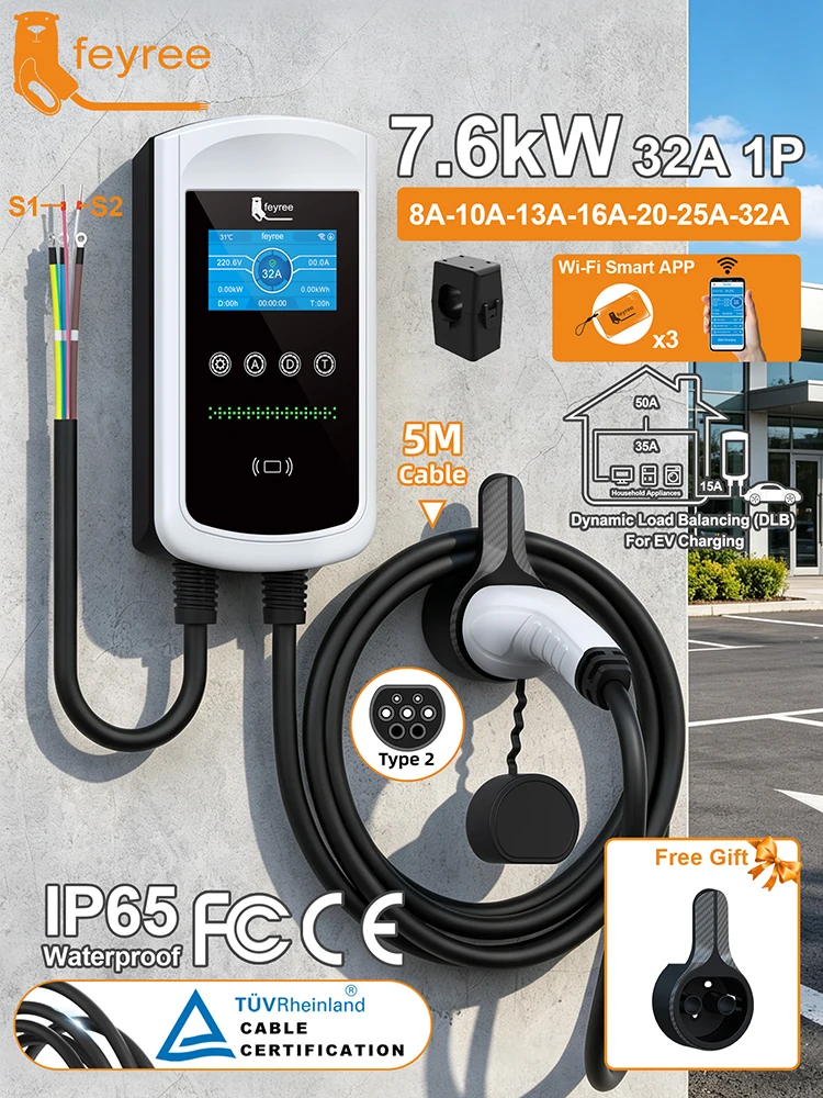 Feyree Typ2 32A 7kW 1P DLB EV-Ladegerät 4,3-Zoll-Bildschirm Dynamische Lastverteilung 11kW 22kW 3P EVSE Wallbox-Ladestation mit Lade-LOG