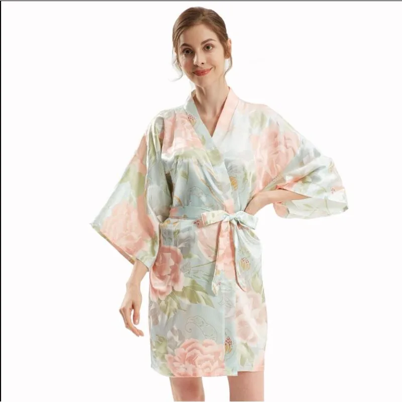 2024 Spring New Ladies Silk Satin Thin Robe Comfort Fresh Style Floral Printed Sleepwear Sexy Nightgown Femme Cozy Homewear