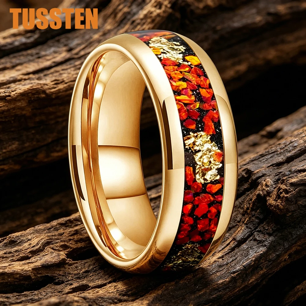 TUSSTEN 4/6/8MM Dome Edges Mens Womens Fashion Engagement Wedding Band Opal And Gold Foil Inlay Tungsten Carbide Rings